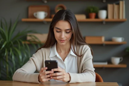 Jeune femme au smartphone dans une cuisine chaleureuse