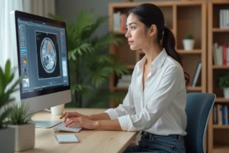 Femme en bureau moderne regardant un scan digital