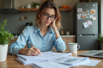Femme organisée avec papiers et notes dans la cuisine