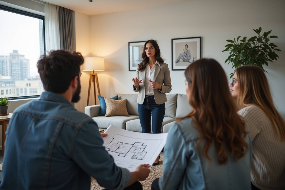 Jeune femme montrant un plan immobilier à des locataires dans salon