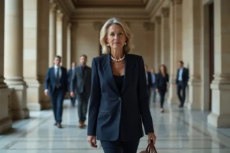 Femme politique française marchant dans un couloir de palais de justice lors d'un procès médiatisé impliquant des paparazzi