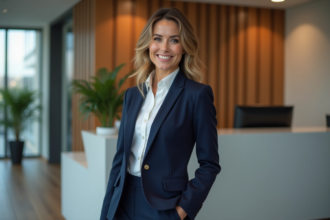 Femme professionnelle en blazer navyblue souriante
