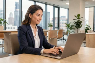 Femme professionnelle rédigeant un mail formel en espagnol sur un ordinateur portable dans un bureau moderne