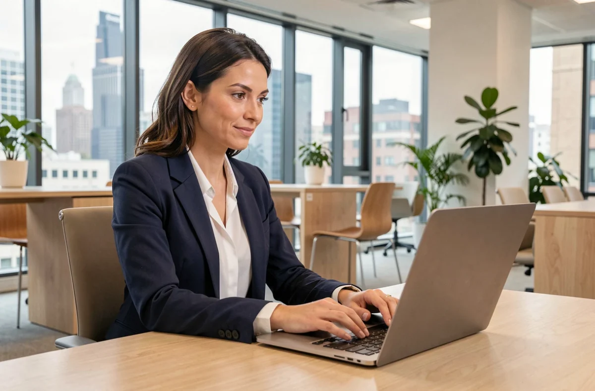 Femme professionnelle rédigeant un mail formel en espagnol sur un ordinateur portable dans un bureau moderne