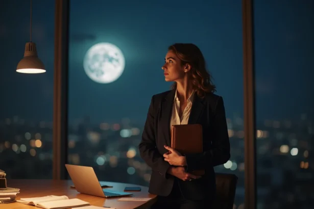 Femme professionnelle contemplant la pleine lune depuis son bureau la nuit, symbolisant les opportunités professionnelles de novembre 2026