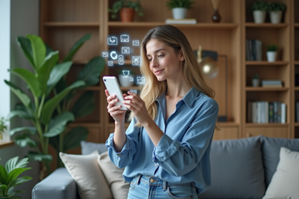Jeune femme utilisant la réalité augmentée dans un salon moderne