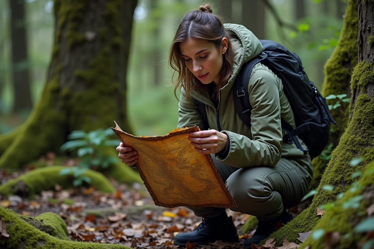Femme explorant une carte dans une forêt mossy