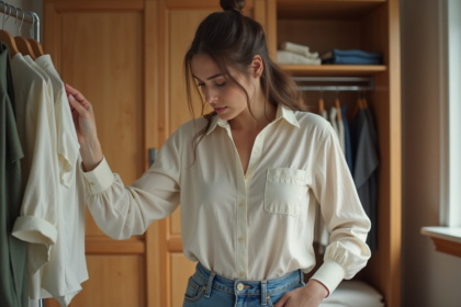 Femme inspectant un vêtement en linge dans une chambre lumineuse