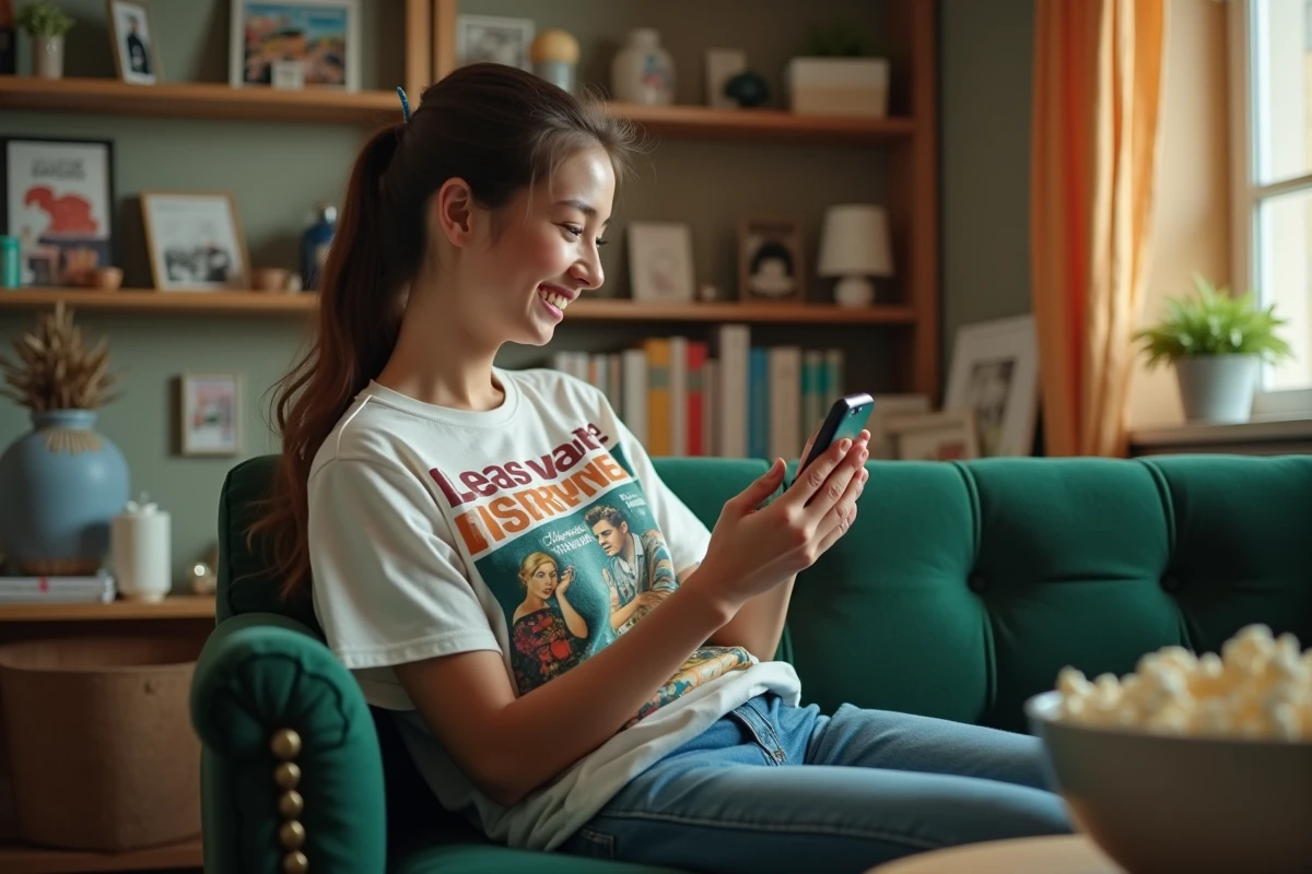 Jeune femme riant en regardant un film français vintage