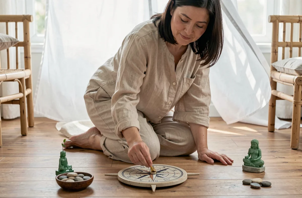 Femme plaçant une rose des vents en céramique sur un parquet en bois dans une pièce feng shui avec décoration naturelle et bambou