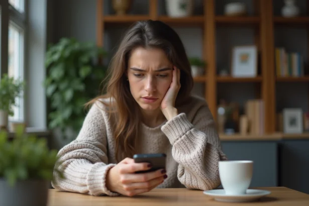 Jeune femme regardant son smartphone dans un appartement