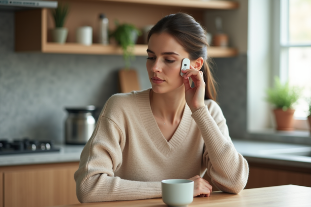 Femme appliquant un appareil facial dans une cuisine moderne