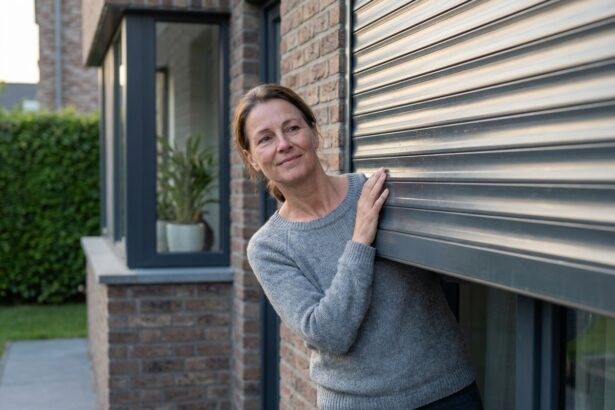 Femme souriante touchant un volet aluminium moderne