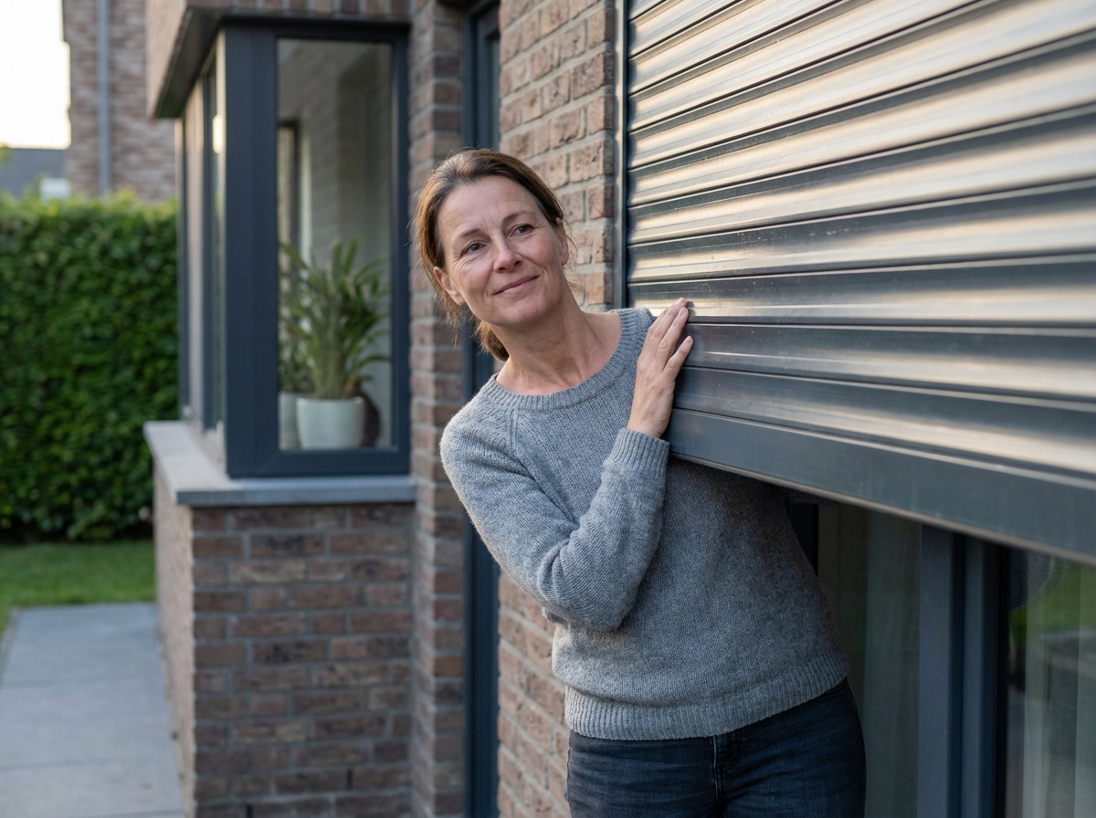 Femme souriante touchant un volet aluminium moderne