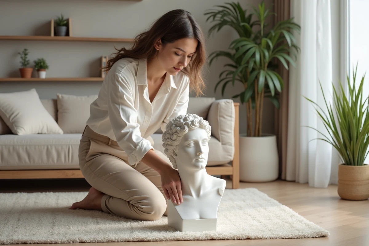 Femme arrangeant une statue en marbre dans un appartement moderne