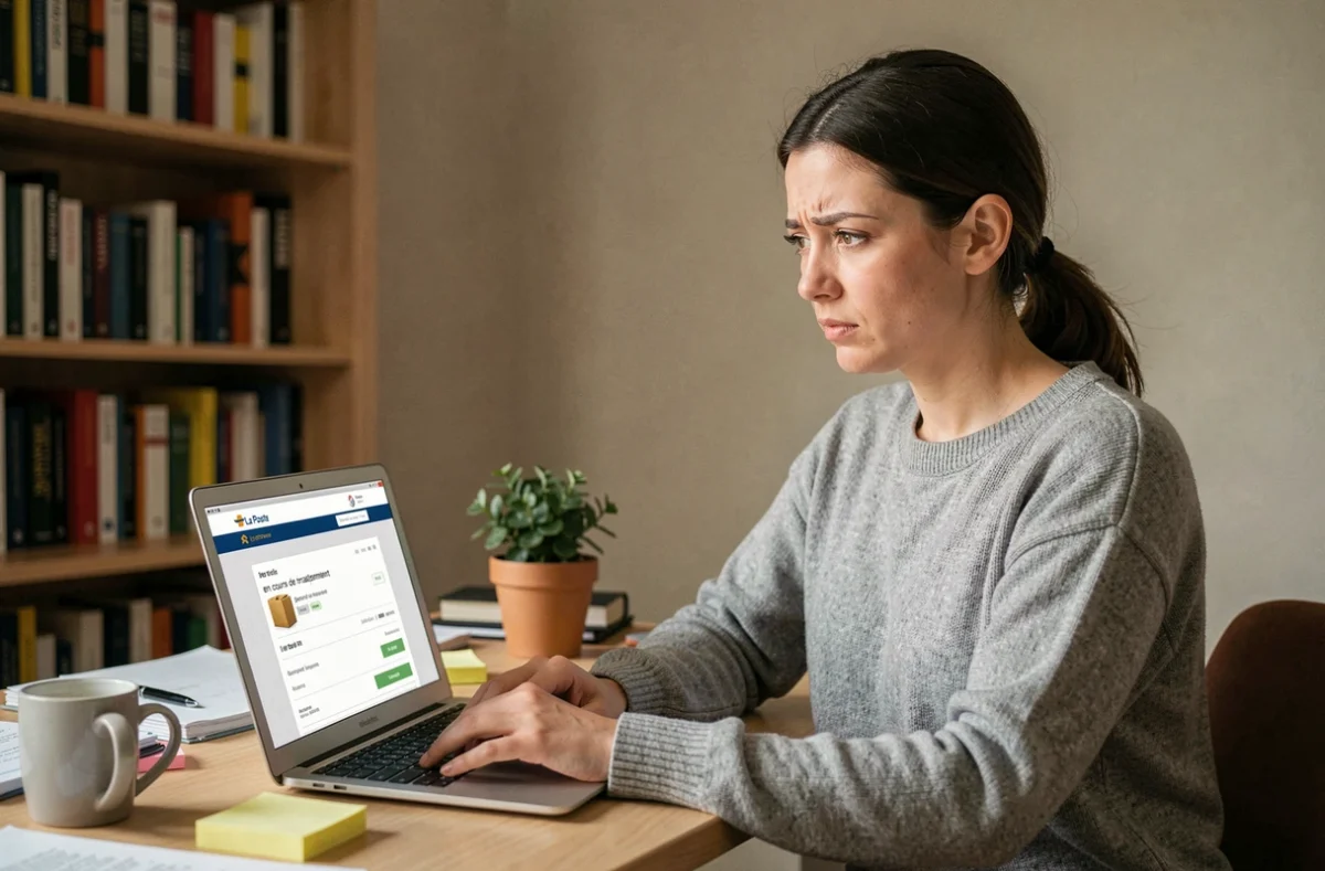 Femme consultant le suivi d'un colis Colissimo en cours de traitement sur son ordinateur portable