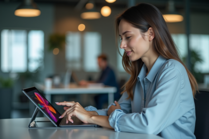 Jeune femme utilisant une tablette dans un bureau moderne