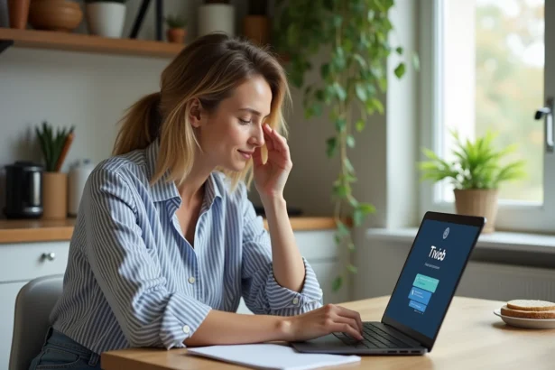 Femme assise à la cuisine avec ordinateur et notes