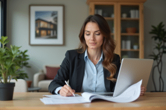Femme en travail à domicile analysant documents et ordinateur
