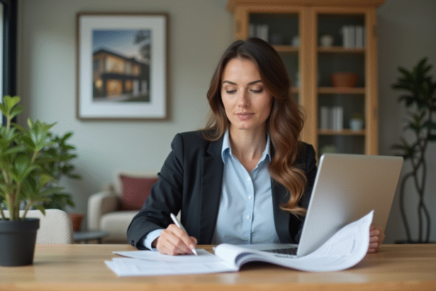 Femme en travail à domicile analysant documents et ordinateur
