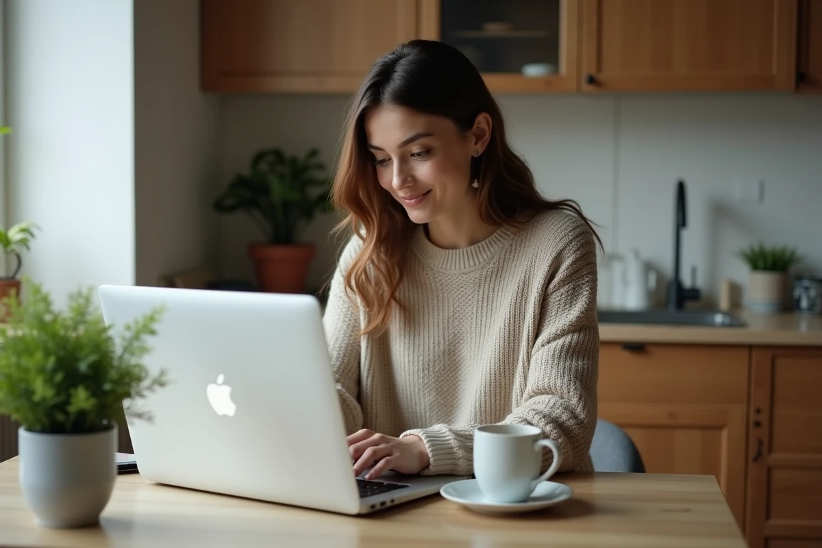 Jeune femme travaillant sur son ordinateur à la maison