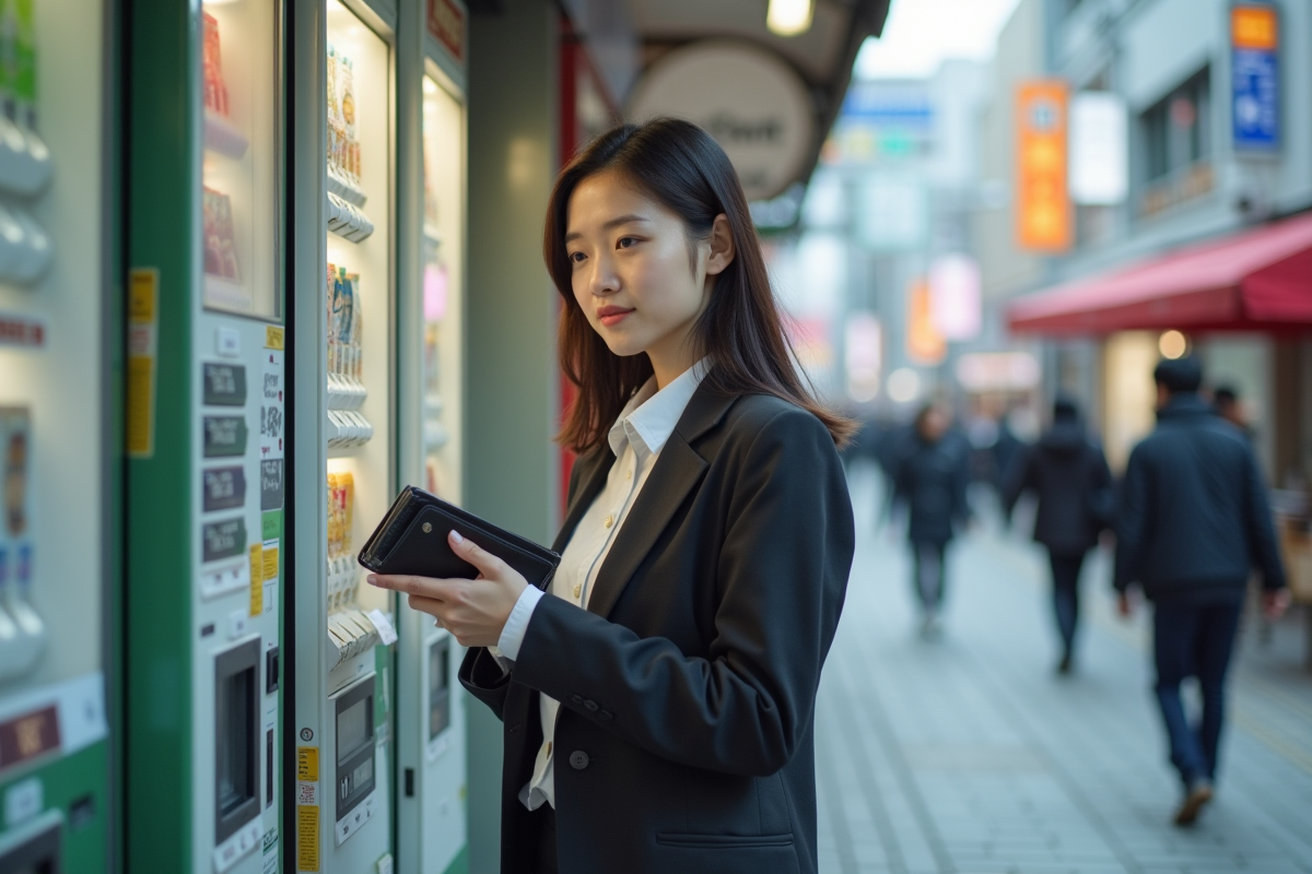 Jeune femme japonaise devant un distributeur automatique dans la rue
