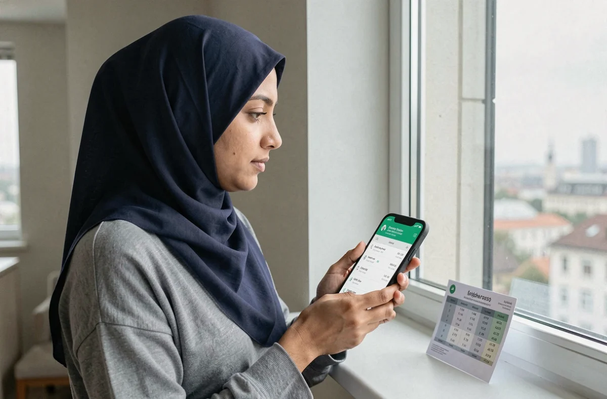 Femme voilée vérifiant un horaire de prière fiable sur une application mobile près d'une fenêtre