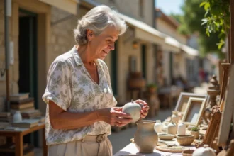 Femme examinant un objet vintage dans un vide grenier des Alpes Maritimes par une journée ensoleillée