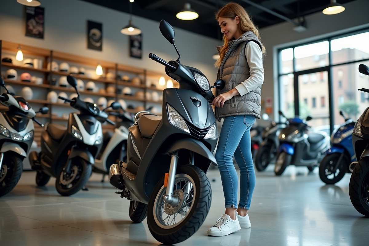 Femme inspectant une moto Yamaha PW 50 en showroom