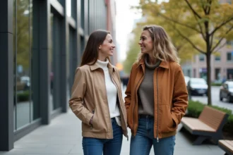 Deux femmes discutent devant un bâtiment moderne en ville
