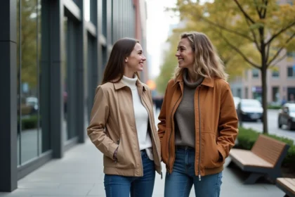 Deux femmes discutent devant un bâtiment moderne en ville