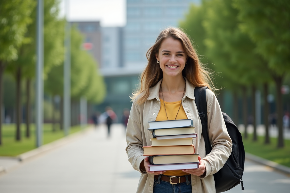 Jeune femme portant des livres sur un campus universitaire