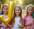 Groupe de jeunes filles souriantes avec ballons J en extérieur
