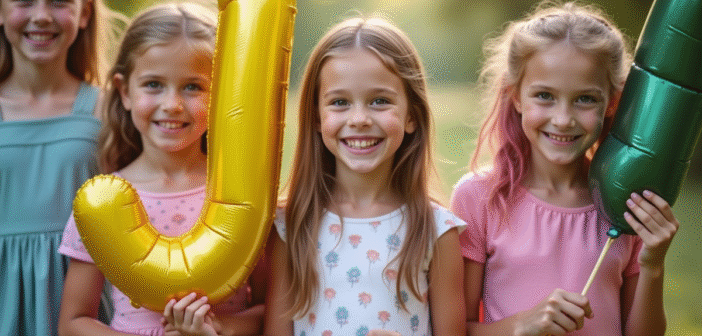 Groupe de jeunes filles souriantes avec ballons J en extérieur