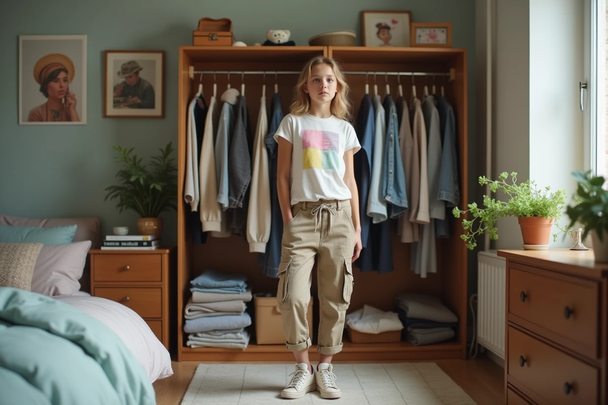 Jeune fille française choisissant ses vêtements dans sa chambre