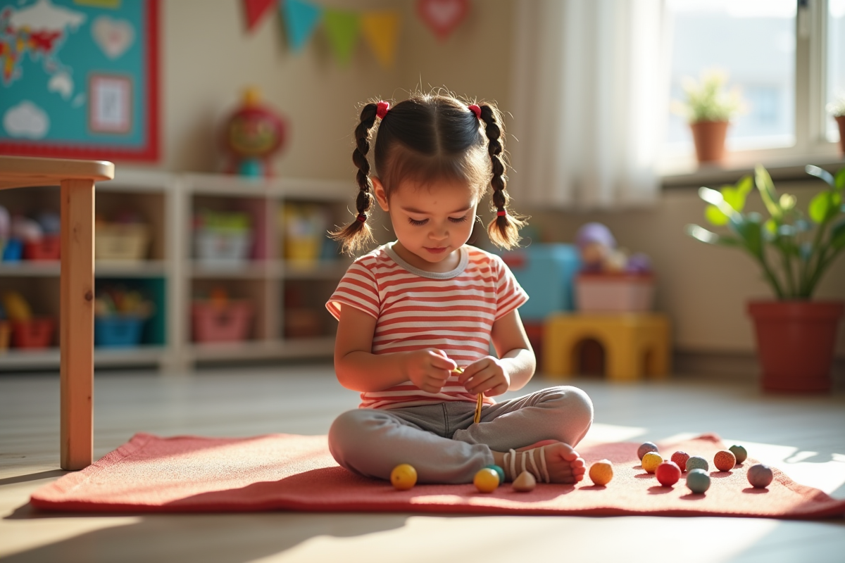 Jeune fille en maternelle en train de faire un collier de perles
