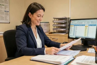 Fonctionnaire de catégorie C en train d'examiner des documents administratifs liés à une promotion de grade dans un bureau de la fonction publique