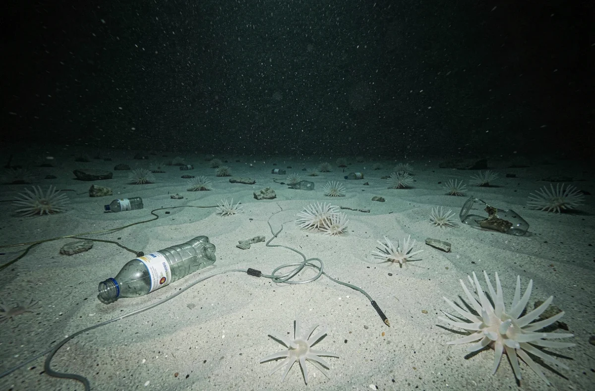 Fond marin des grandes profondeurs pollué par des débris plastiques filmé par un robot sous-marin ROV