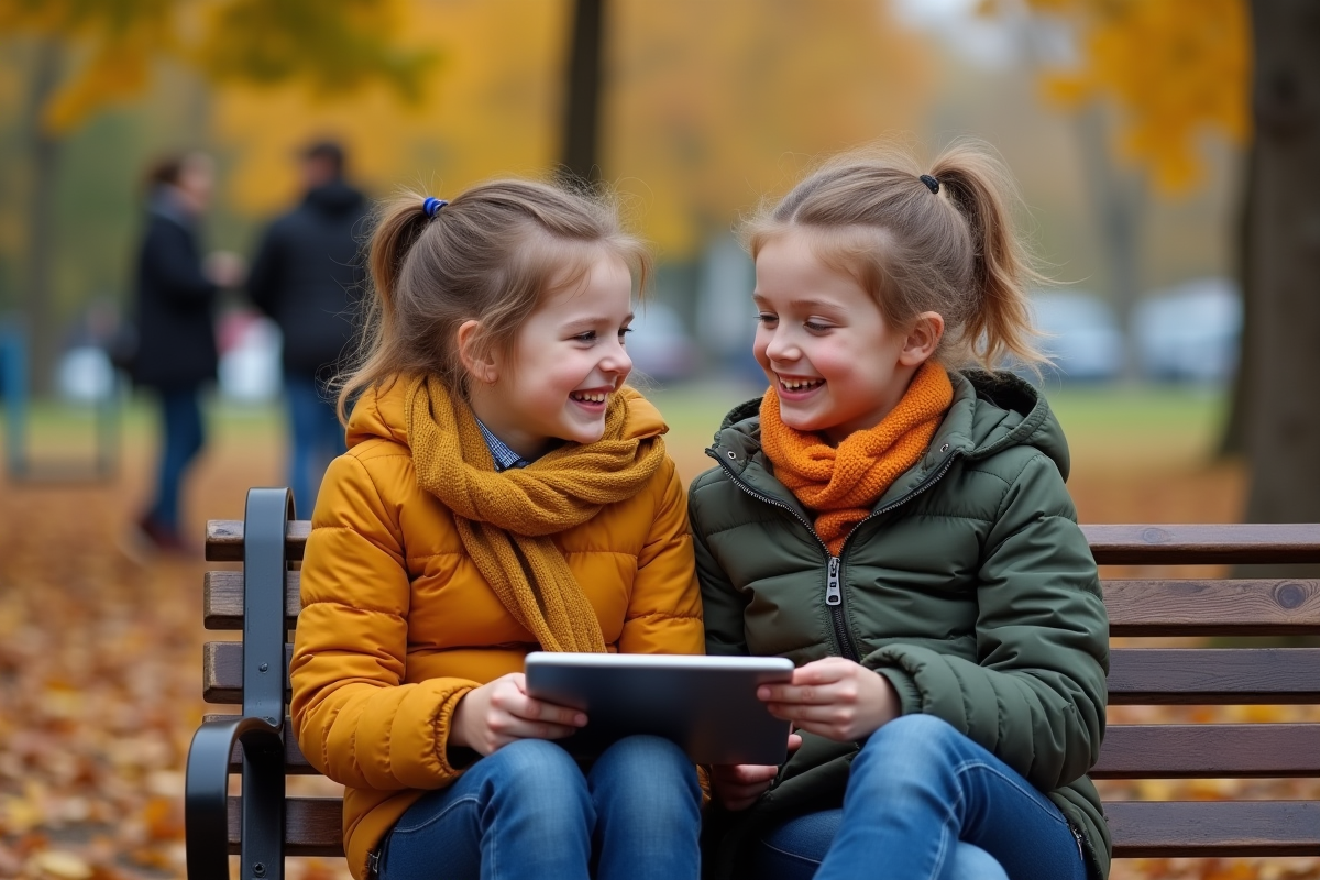 Freres et soeurs assis sur un banc en automne partageant une tablette