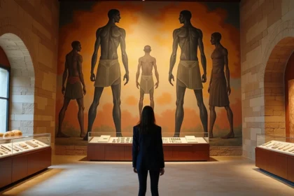 Curatrice contemplant une fresque monumentale de figures titanesques dans un musée dédié à la mythologie des Titans Primordiaux