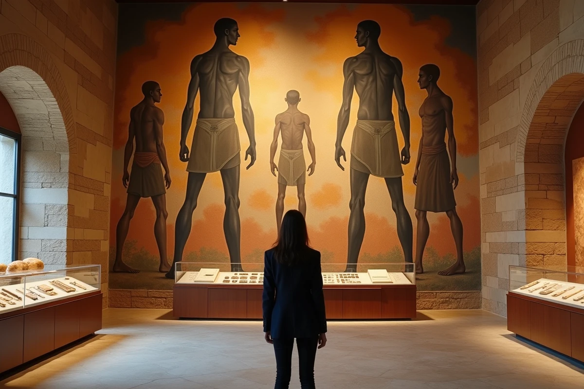 Curatrice contemplant une fresque monumentale de figures titanesques dans un musée dédié à la mythologie des Titans Primordiaux