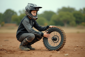 Jeune garçon en équipement motocross examine une roue tout-terrain