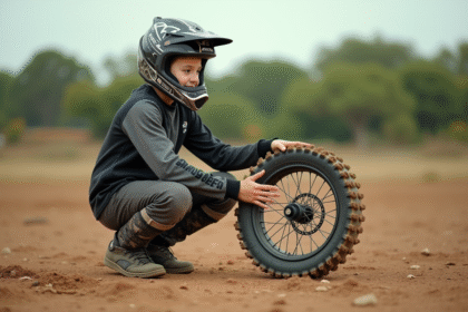 Jeune garçon en équipement motocross examine une roue tout-terrain