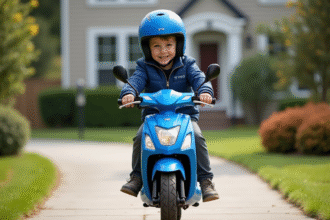 Garçon souriant poussant une moto Yamaha PW 50 dans la cour