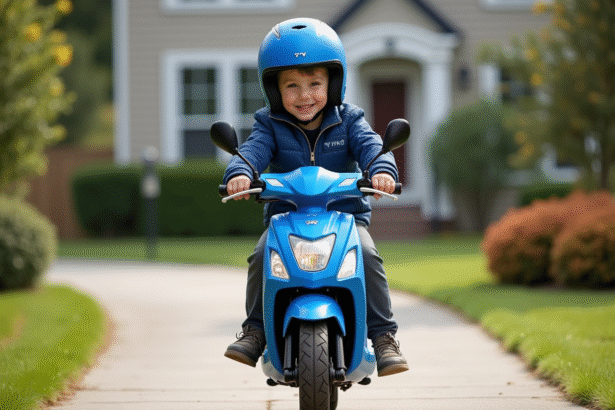 Garçon souriant poussant une moto Yamaha PW 50 dans la cour