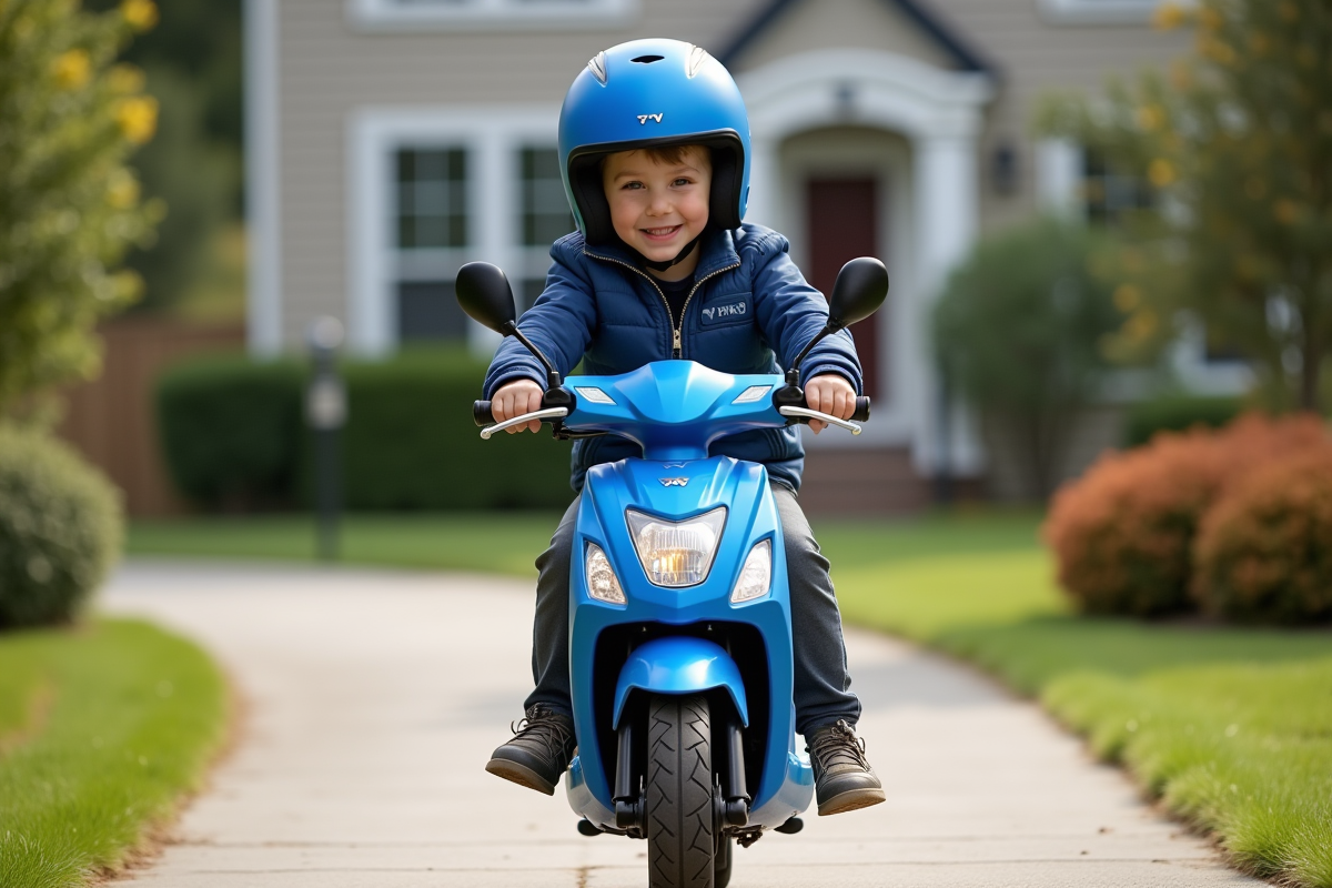 Garçon souriant poussant une moto Yamaha PW 50 dans la cour