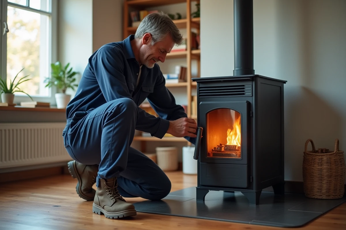 Poêle à granulés installé dans un intérieur moderne et chaleureux