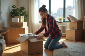 Déménagement international avec cartons et mobilier prêt à être transporté