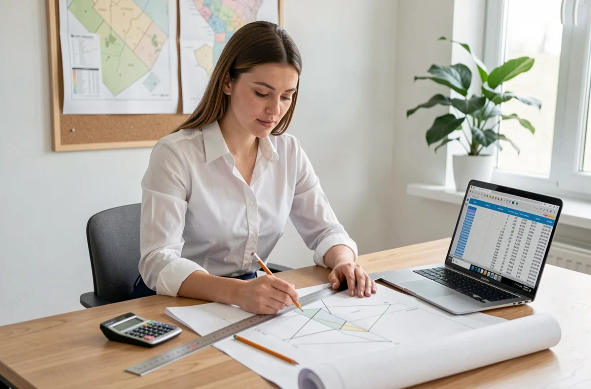 Femme géomètre utilisant une calculatrice et des plans pour convertir des hectares en mètres carrés au bureau