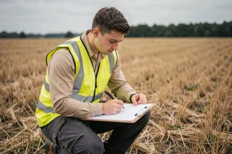 Géomètre débutant prenant des notes de conversion hectares en mètres carrés sur le terrain agricole